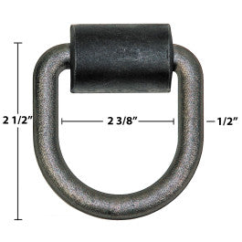 Forged steel D-ring with weld-on mounting bracket showing measurements