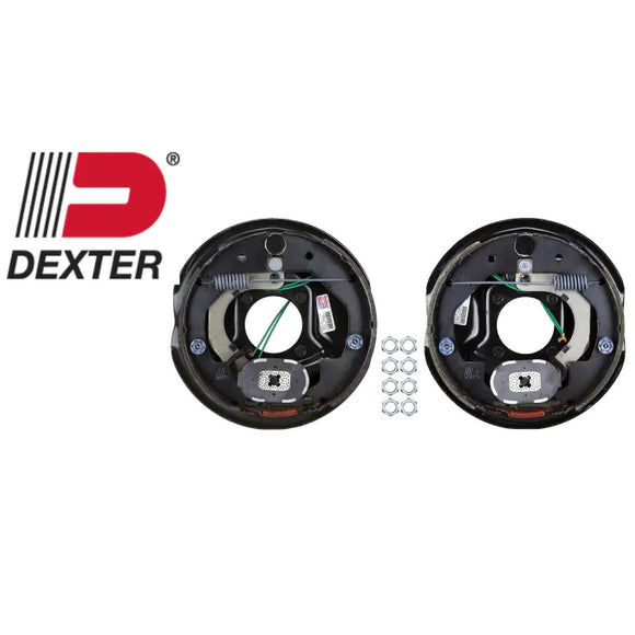 Electric trailer brake kit showing two Dexter brake assemblies with bolts, representing trailer brakes category.