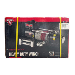 Heavy-duty electric winch in packaging with coiled rope